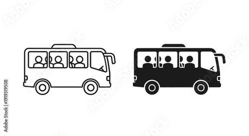 Bus with passengers, symbol of public transportation or group travel, vector icons in outline and solid black