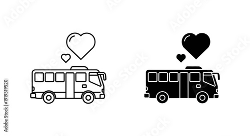 Bus with hearts, concept of love for travel or transportation, vector icons in outline and solid black