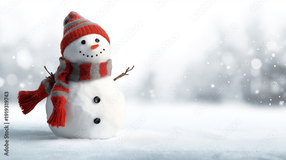 Fototapeta premium A delightful snowman adorned with a red scarf and hat stands against a snowy backdrop Generative AI