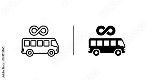 Bus icon with infinity symbol, representing continuous service, unlimited travel, or endless journey possibilities.