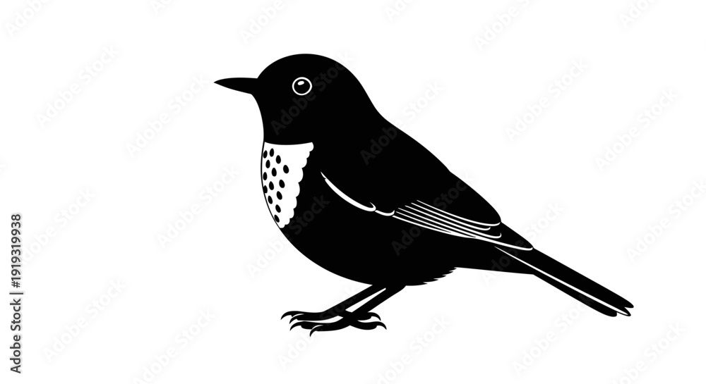 Obraz premium Black bird silhouette with white spotted chest standing on plain background