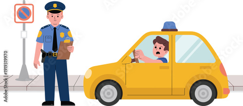 Flat vector traffic violation illustration with police officer issuing ticket to car driver near no parking sign for road safety awareness design