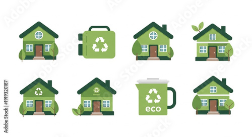 Green Eco Houses and Recycling Symbols Collection.