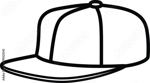 Simple black and white line drawing of a classic baseball cap with a flat brim on a white background