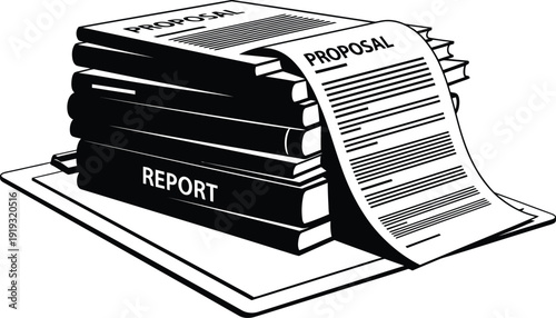 A black silhouette of a neat stack of various business documents, including a proposal and report, with one document partially pulled out to suggest active organization and management, 