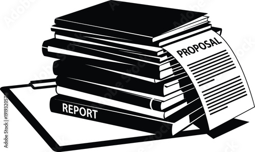 A black silhouette of a neat stack of various business documents, including a proposal and report, with one document partially pulled out to suggest active organization and management, 