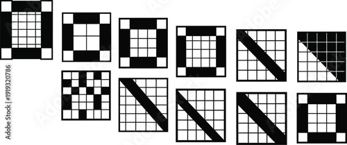 A collection of abstract geometric patterns and grids is displayed.