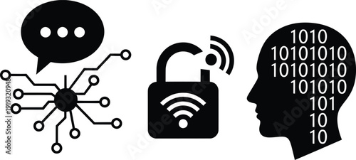 A set of three distinct black silhouettes representing cyberspace communication: one with a speech bubble and network lines, another with a padlock and Wi-Fi symbol, and a third with a human head 