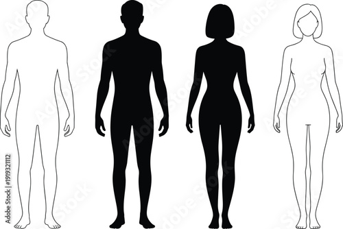 Outline and Silhouette of Male and Female Human Figures Standing Side by Side Keywords: human, figure, male, female, man, woman