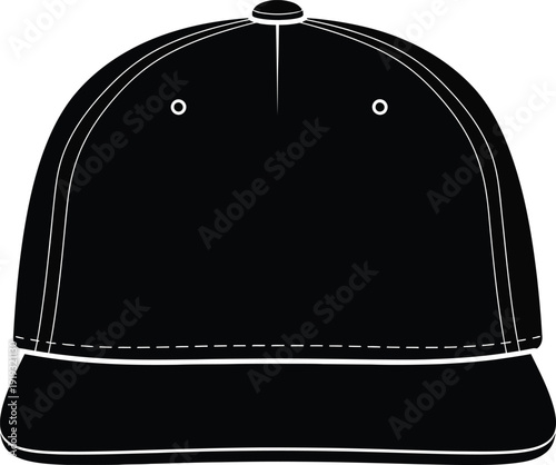 Black baseball cap template with white stitching isolated on a plain white background
