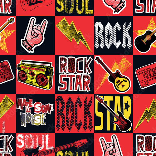Rock star. grunge rock music pattern with guitar. Cool background for textiles, wrapping paper, prints and more.