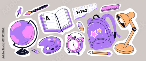 Back to school collage set with backpack, book, globe, pen and other educational elements. Math, geography, literature, fine art subjects. Vector illustration.