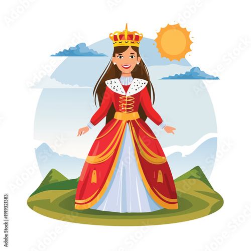 Cartoon queen in regal attire with crown and smiling expression