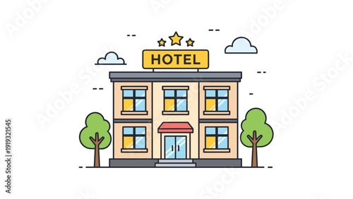Charming two-story hotel building featuring a bright sign with stars, surrounding trees, and fluffy clouds in a friendly flat design style.