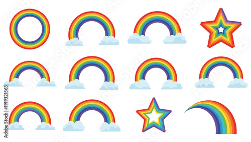 Colorful collection of various rainbow shapes and icons featuring arches, circular paths, stars, and fluffy white clouds for decoration.