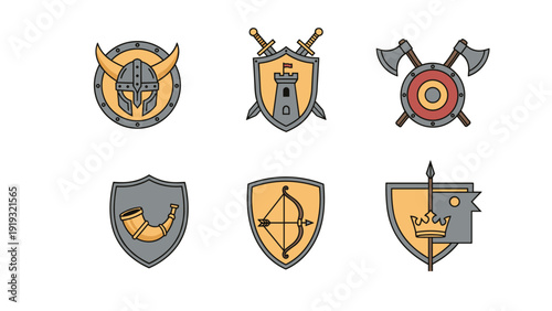 Set of six medieval themed icons featuring defensive shields, crossed axes, a fortress tower, a bow, and a golden crown symbol.