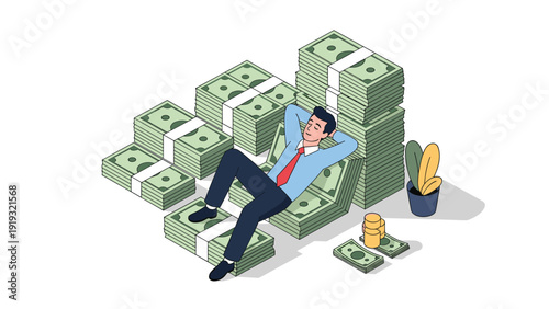 Successful businessman relaxing on a massive pile of cash stacks and coins representing wealth, financial freedom, and business prosperity.