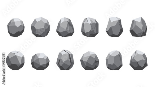 Detailed set of twelve grey geometric rock shapes and stone boulders featuring realistic cracks and faceted surface textures for design.