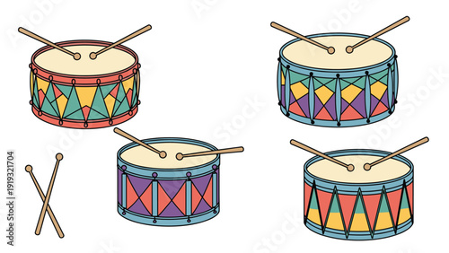 Set of colorful musical drums with sticks and a pair of crossed drumsticks isolated on a plain white background.