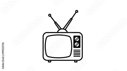 Outline icon of an old fashioned vintage television set with rabbit ear antennas and analog control dials.