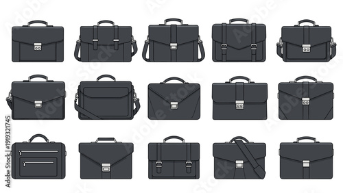Collection of various professional black briefcases and laptop bags in different styles and sizes for business.