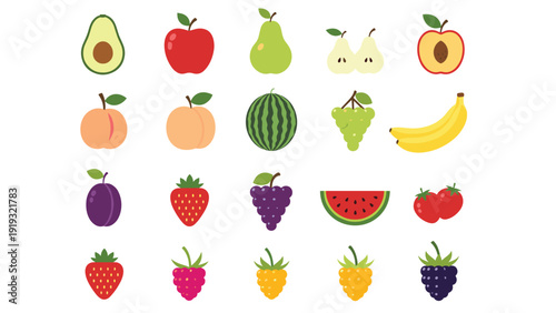 Grid of colorful flat icons depicting various fruits such as apples bananas strawberries grapes and watermelon.
