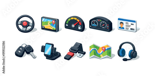 Navigation and vehicle 3d icon set. Driving, maps, gps, transport icons collection