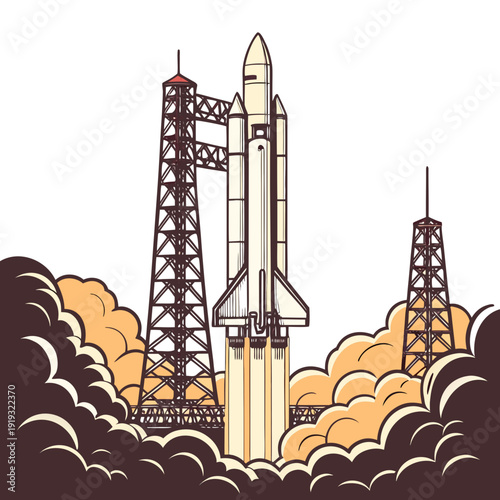Rocket launch from tower with smoke and clouds space shuttle