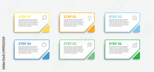 Six colorful square icons with text and blurry details