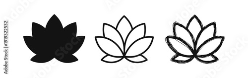 Lotus flower icon set. Yoga, meditation, and wellness symbols in solid, outline, and hand-drawn styles.