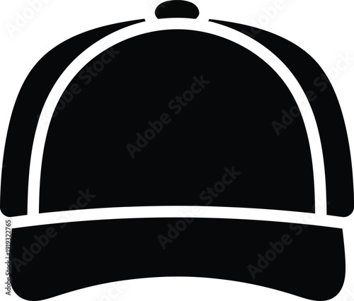 Black and white minimalist baseball cap icon isolated on a clean white background