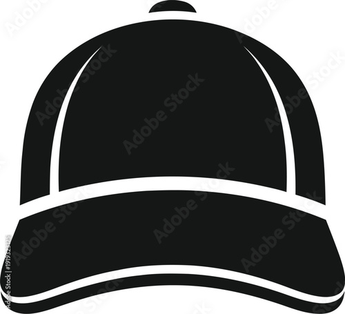 A simple black icon of a baseball cap featuring a curved brim on a white background