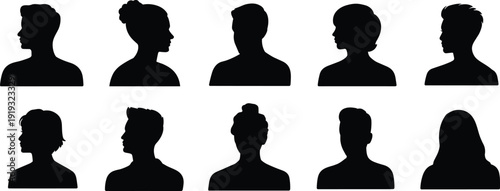 Diverse Human Head Silhouettes Facing Left and Right on White Background Keywords: silhouette, head, profile, face, person