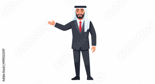 Professional Arab businessman cartoon in a dark suit and traditional ghutra, standing and gesturing with an open hand, presenting or welcoming on white.