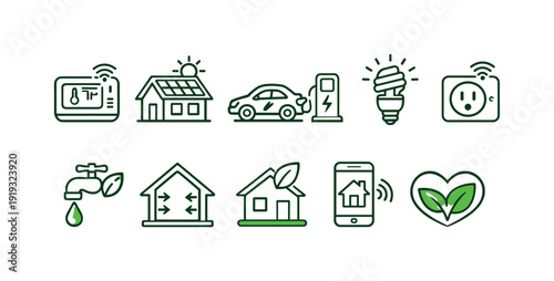 Eco-friendly, energy linear icon set. Sustainable, green living energy icons collection