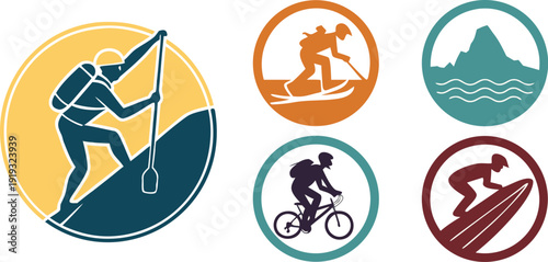 Set of stylized vector silhouettes depicting various adventure sports including mountain climbing, biking, and water.