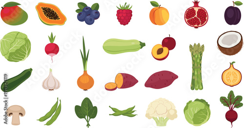 Fresh Fruits and Vegetables Flat Vector Icons Set Featuring Mango, Papaya, Blueberries, Pomegranate, Asparagus, Sweet Potato and Organic Produce