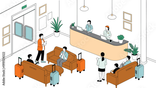 Isometric vector illustration of hotel reception lobby with guests waiting, luggage suitcases, front desk staff, modern interior design for hospitality concept