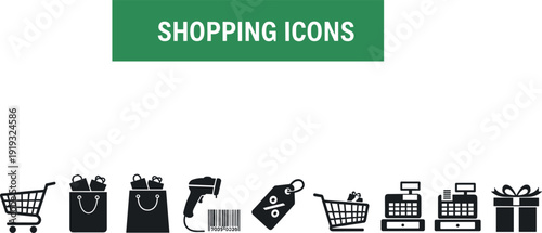 Black Vector Shopping Icon Set Featuring Retail Carts Paper Bags Barcode Scanners Discount Tags Cash Registers and Gift Boxes for E-commerce Design