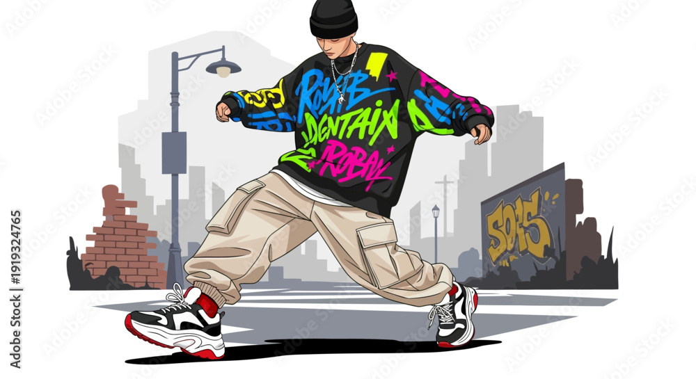 Εκτύπωση καμβά Urban hip-hop dancer performing breakdance moves on a city street illustration