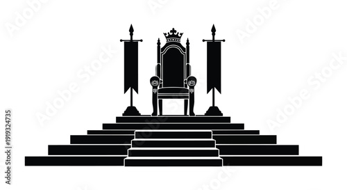 Royal throne with crown and scepter symbols in minimalist black flat vector silhouette style isolated on white background