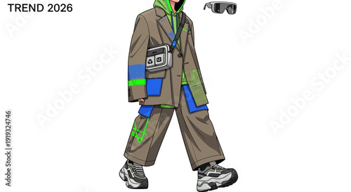 Futuristic streetwear fashion style with neon accents and oversized sneakers