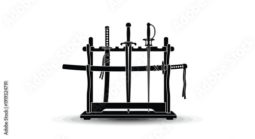 Flat vector blacksmith sword rack display with five traditional blades isolated on white background