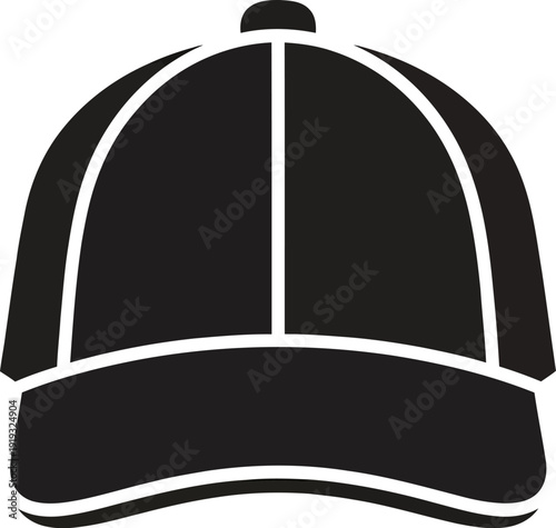 A minimalist black and white icon illustration depicting a baseball cap, a classic piece of casual headwear