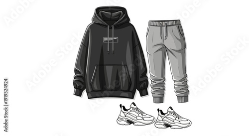 Trendy casual streetwear outfit with black hoodie, grey sweatpants, and white sneakers.