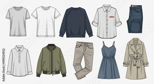 Collection of diverse casual clothing items in a flat lay illustration