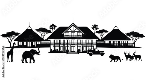 Flat black silhouette illustration of safari lodge surrounded by wildlife animals in African savannah setting isolated on white background