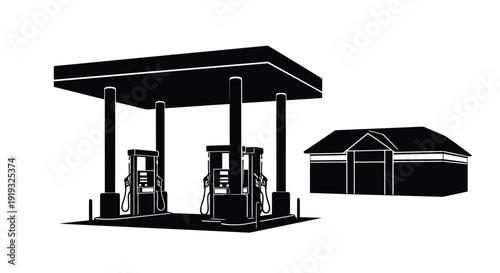 Flat vector silhouette of gas station pumps and small building in minimalist black and white style isolated on white background