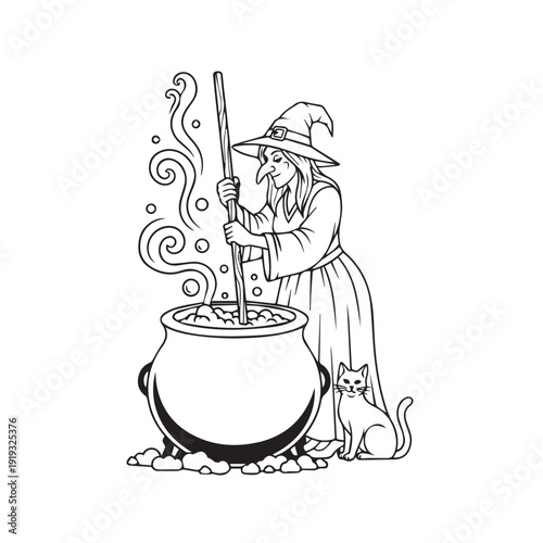 Witch Brewing Potion: Classic Halloween scene of a witch stirring a bubbling cauldron with her cat nearby, for spooky and fantasy concepts.