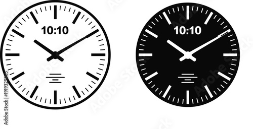 Minimalist analog wall clock illustration showing 10:10 time in light and dark mode styles, modern vector design for UI, apps, and branding